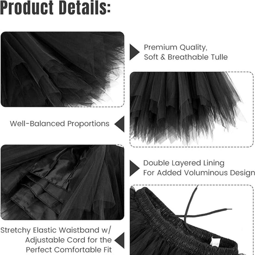 Tutu BLACK (XL) Tulle Petticoat for Halloween Costume Party Fun Run Spirit Day - Picture 6 of 7